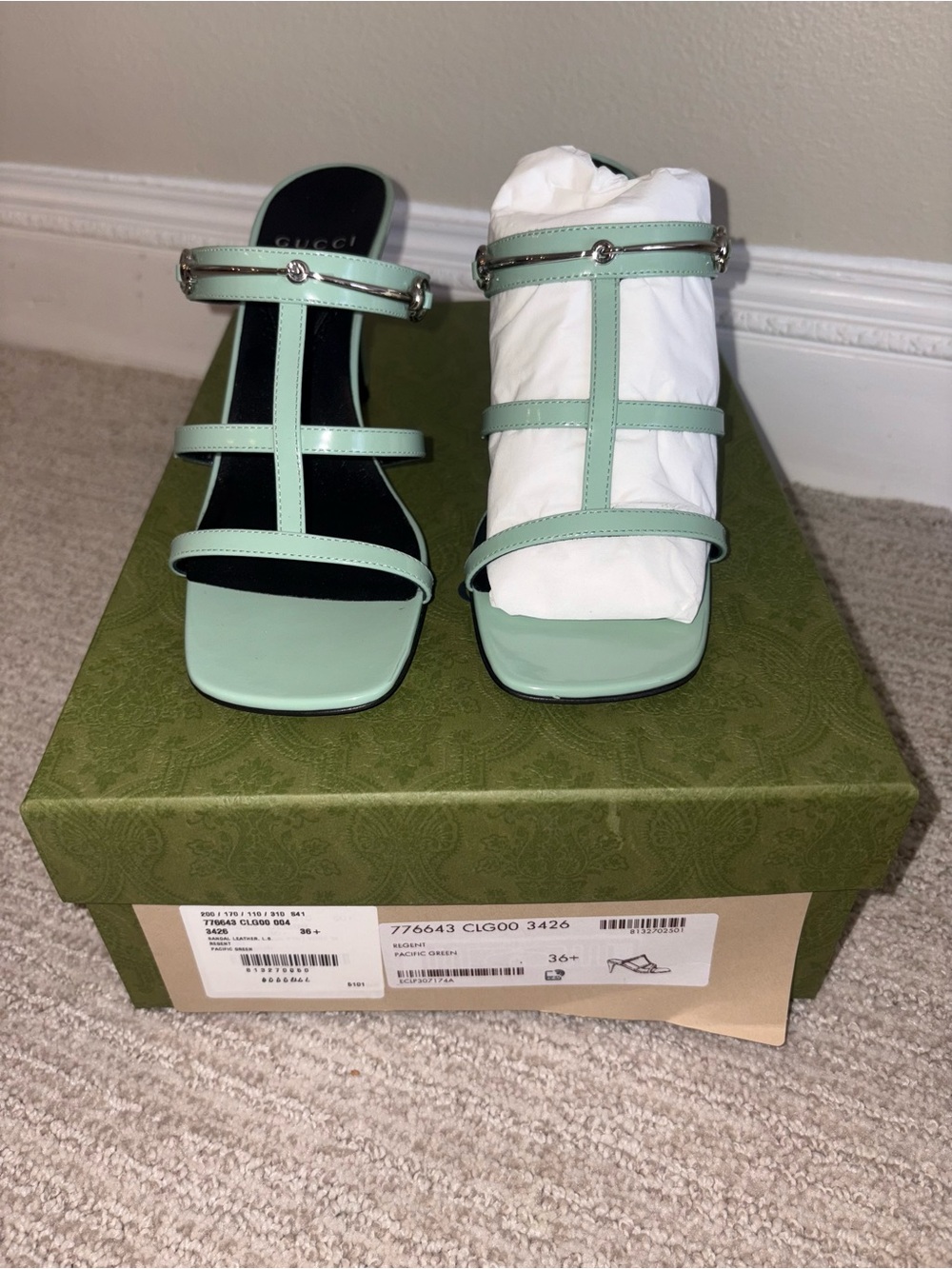 Gucci Mint Green Strappy Square-Toe Slide Heels